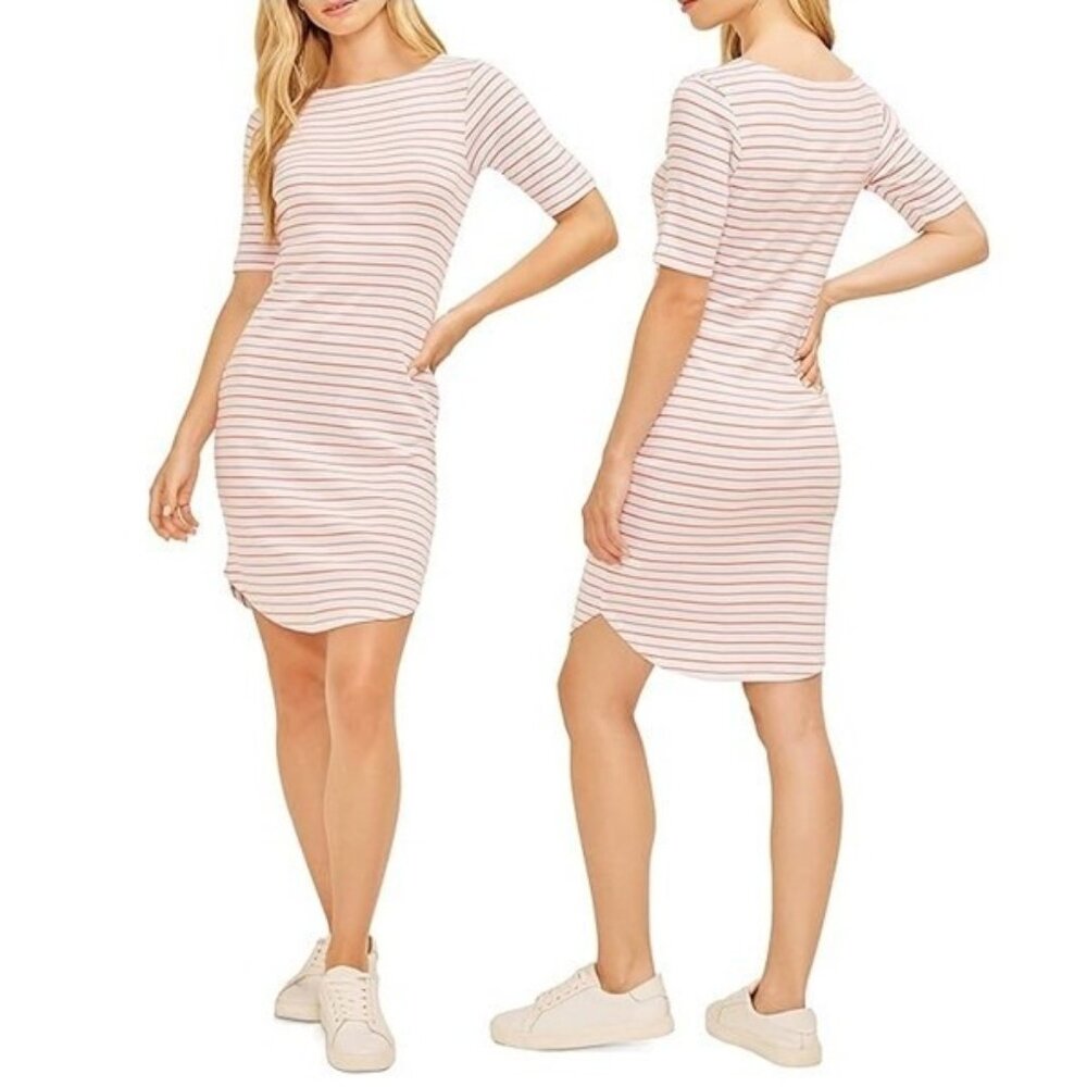 Three Dots Striped Boat Neck Curved Hem Elbow Sleeve Dress Size Small TD000318